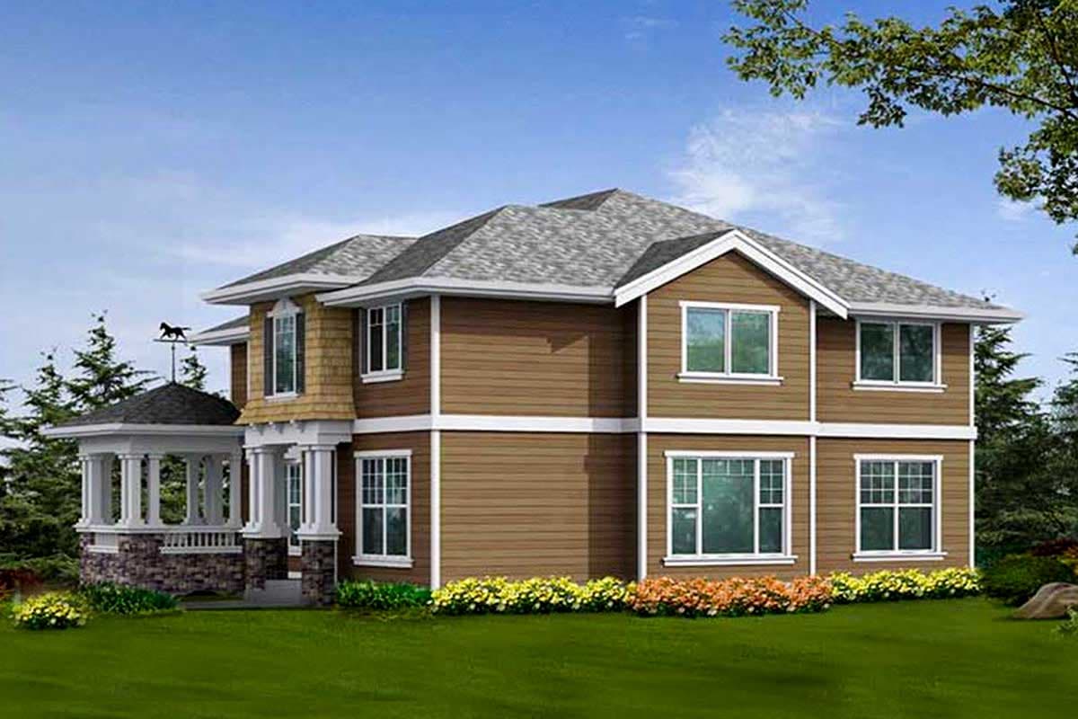 Two-story house plan exterior featuring a covered porch with columns, horizontal siding, and multiple gables.