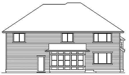 House plan exterior elevation, two stories, hip roof, horizontal siding, central screened porch, and multiple windows.