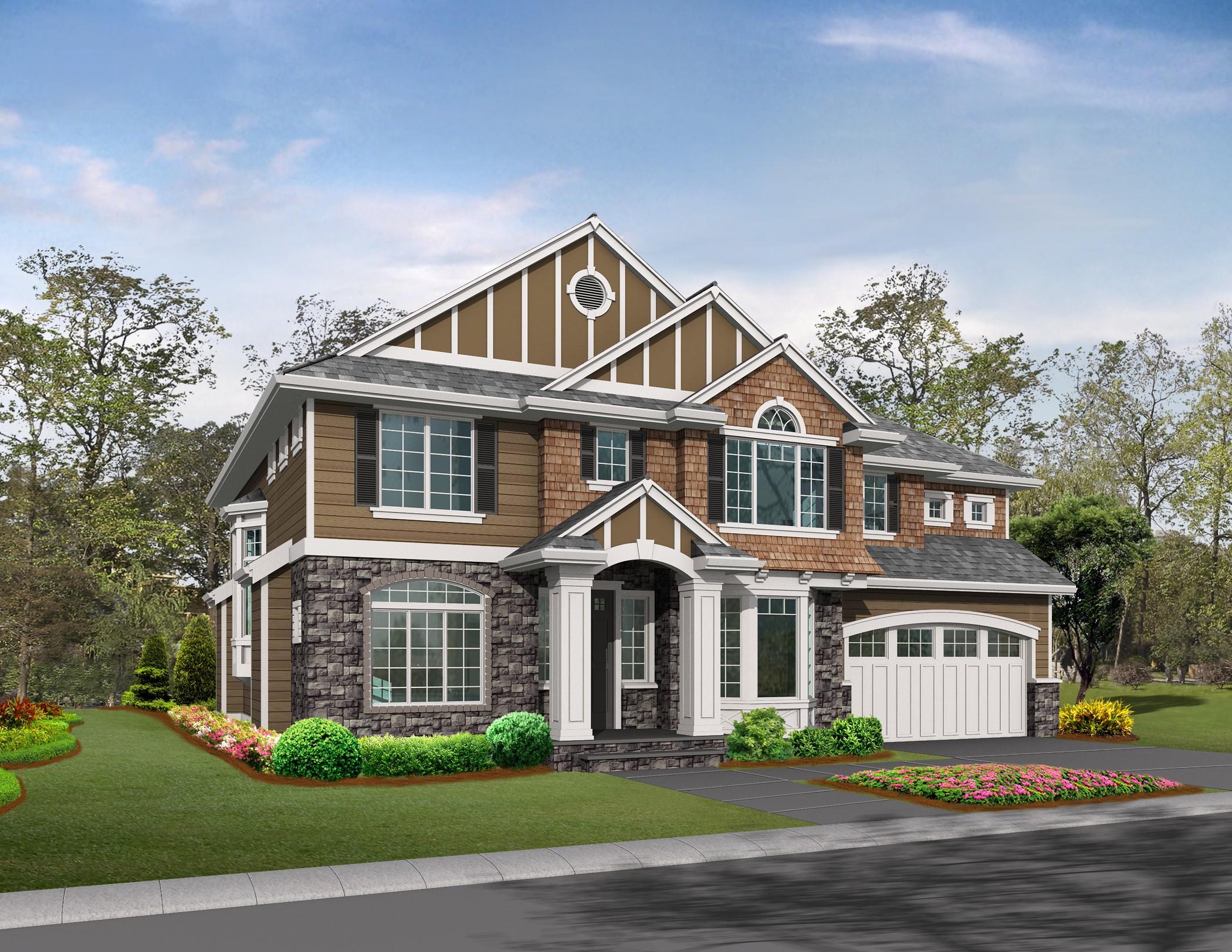 Two-story house plan exterior with stone facade, gables, arched windows, covered entry, and a two-car garage.