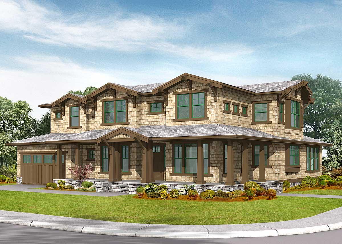 Craftsman style house plan exterior with shake siding, a wrap-around porch, and a two-car garage.