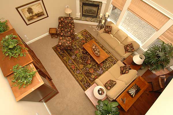 Interior view of a living room with a fireplace, two sofas, patterned armchairs, a large rug, and a wooden tiered shelf with plants.