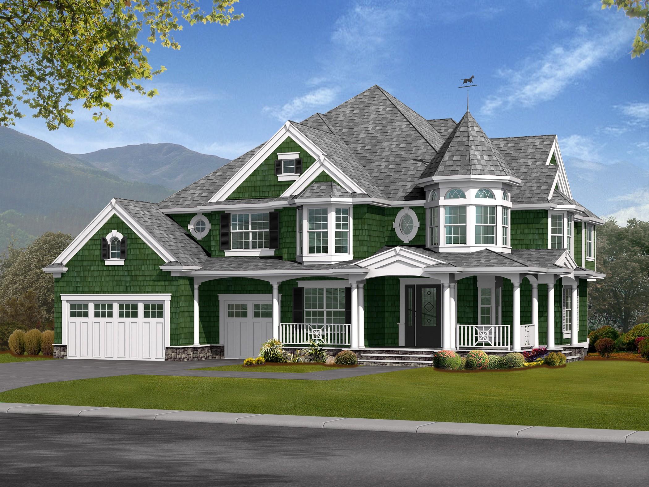House plan exterior: Two-story home with covered porch, bay windows, dormers, turrets, and attached two-car garage.