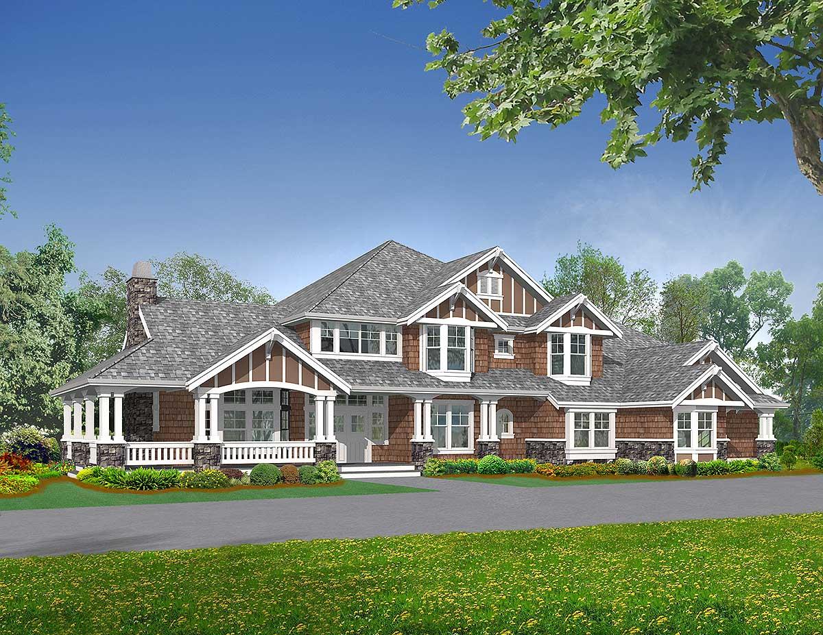 Craftsman style house plan exterior with wraparound porch, stone accents, dormers, and multiple gables.