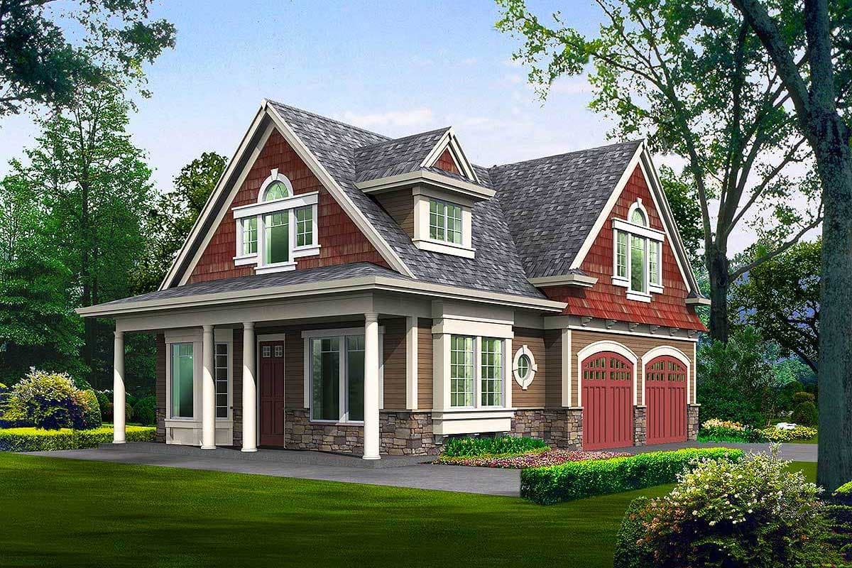 House plan exterior showing a two-story home with a covered porch, dormers, and a two-car garage with arched doors.