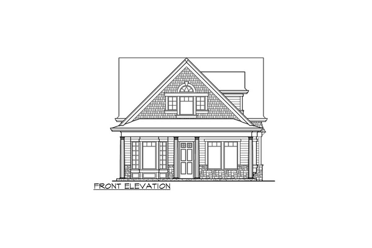 Front elevation drawing of a two-story house with a covered porch, dormer, and shingle detailing.