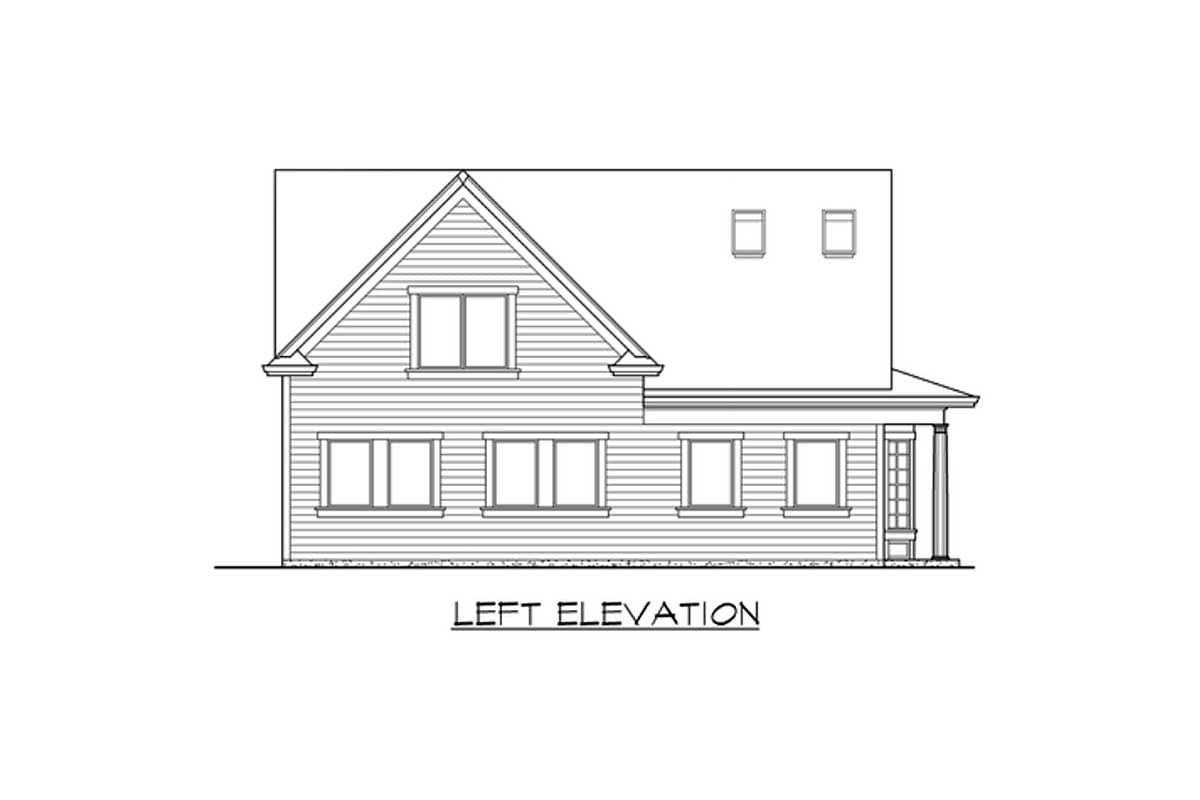 Left elevation house plan: two stories, gabled dormers, multi-pane windows, and a covered porch with columns.