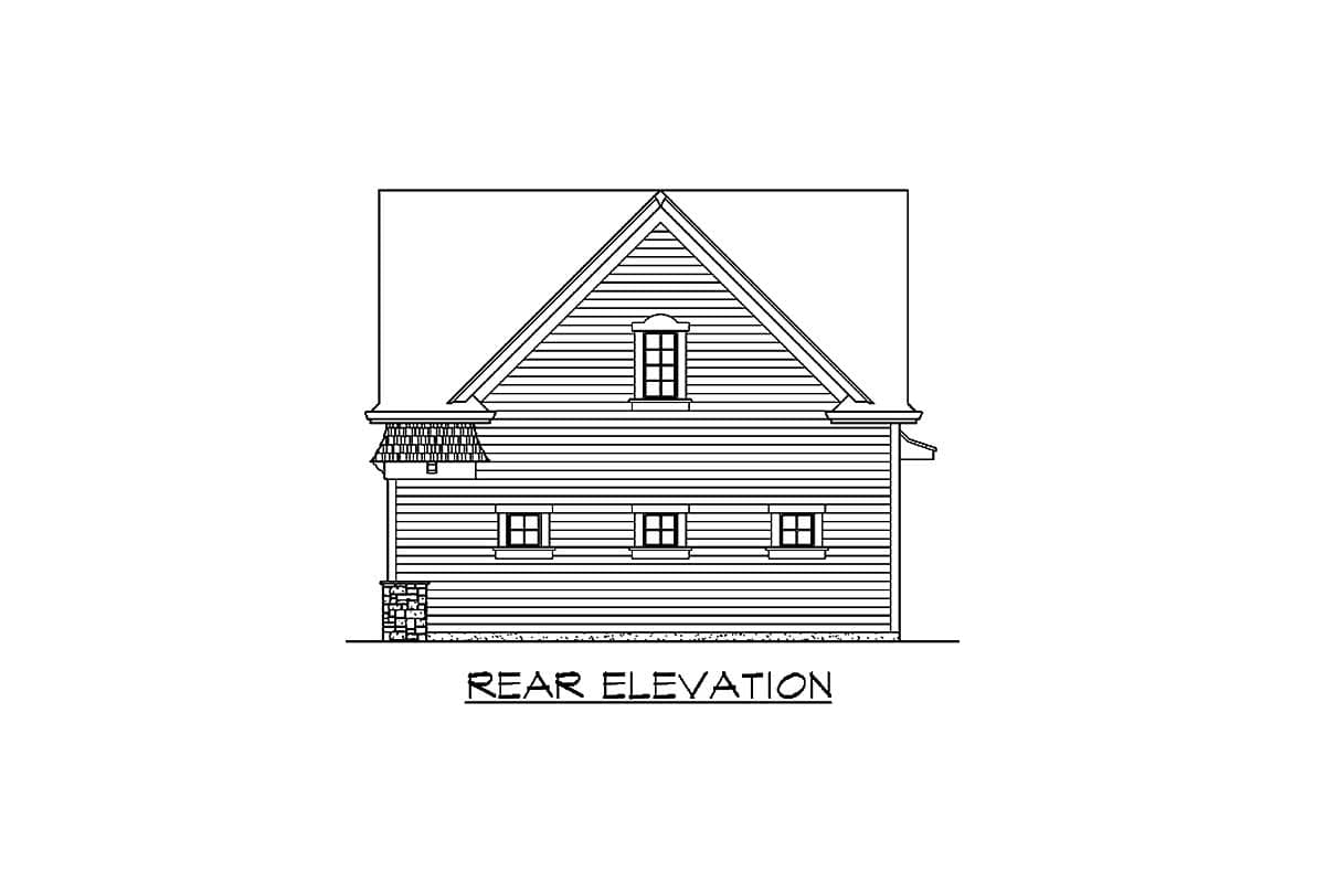 Rear elevation drawing of a house plan featuring horizontal siding, gables, dormers, and stone accents.