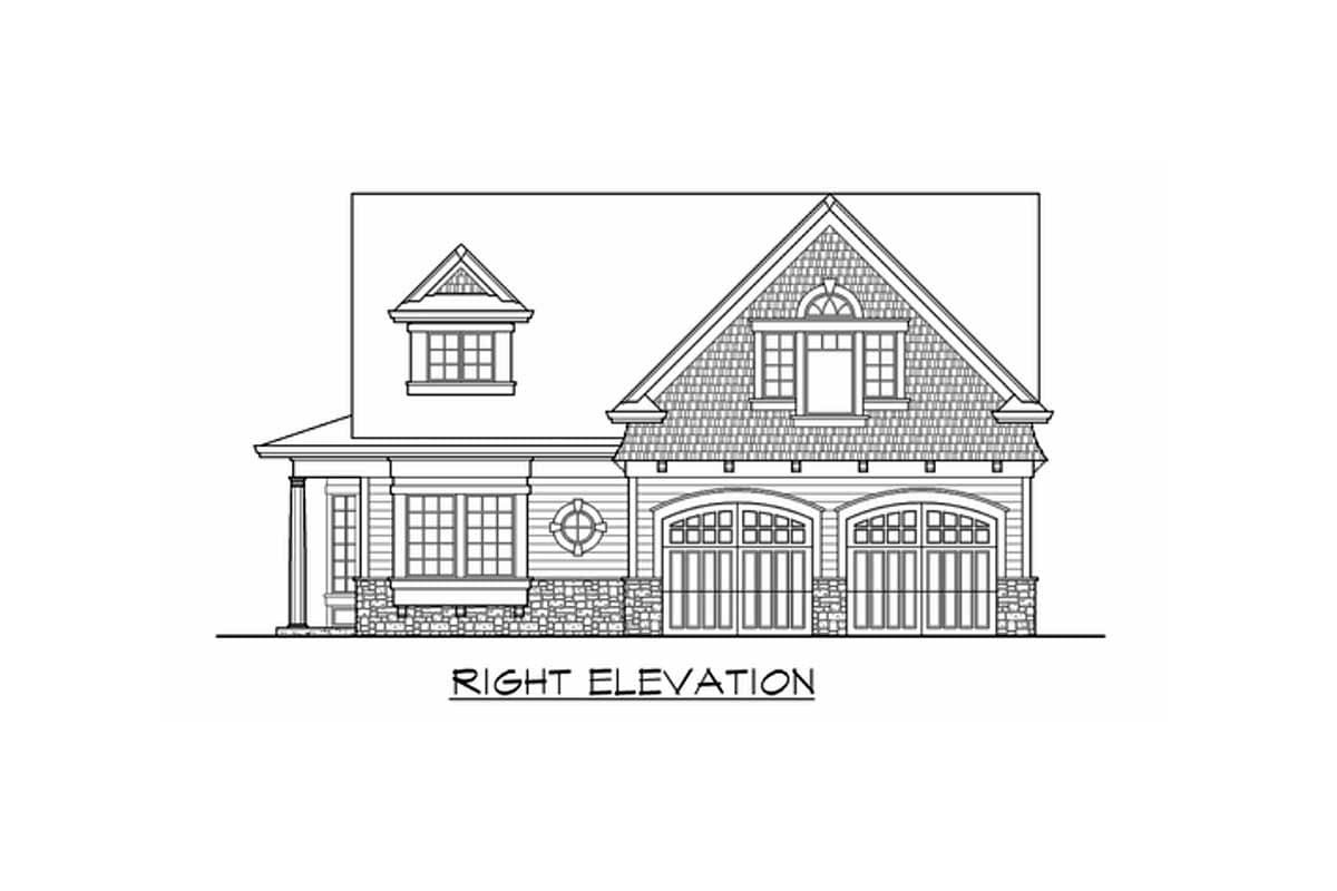 Right elevation house plan showing a two-story structure with two arched garage doors, a dormer, and shingle siding.