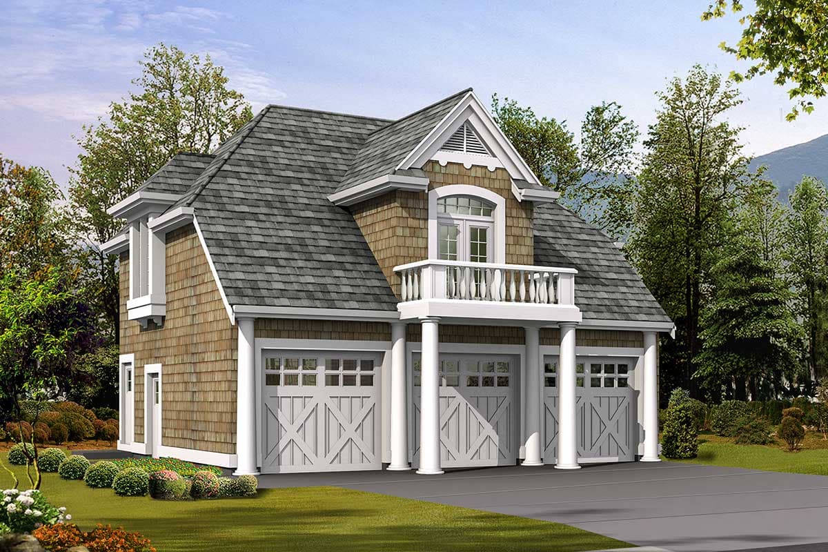 House plan exterior featuring a three-car garage, cedar shake siding, dormer window, and balcony with decorative balustrade.