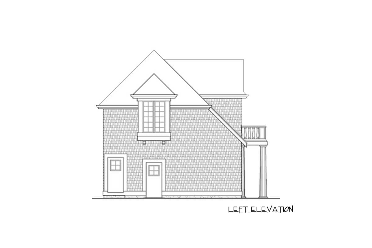 Left elevation of a house plan showing shingle siding, a projecting bay window, two doors, and a balcony.