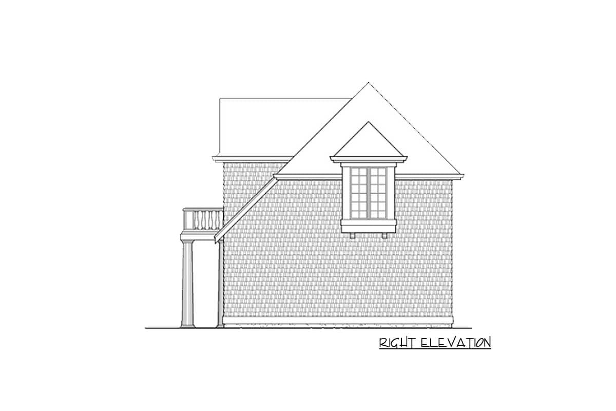 Right elevation house plan showing a dormer window, balcony, and shingle siding.