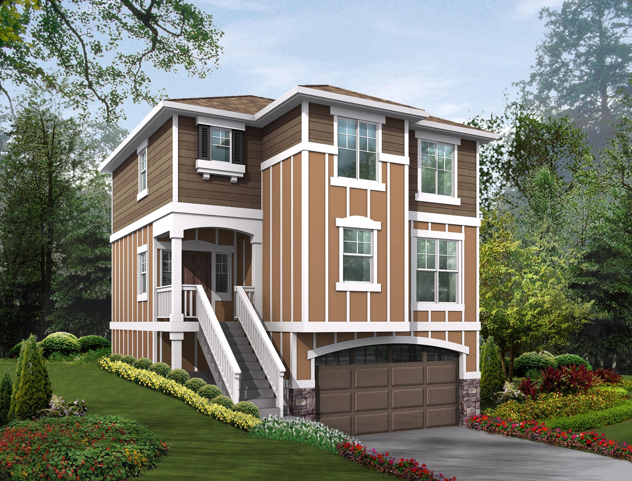 House plan exterior: Two-story dwelling with arched garage, elevated porch, and decorative vertical siding.