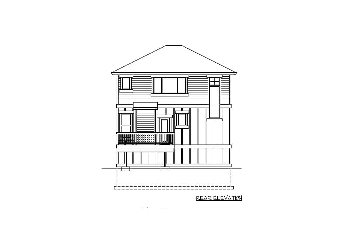 Rear elevation drawing of a two-story house plan with a balcony, prominent gables, and varied siding textures.