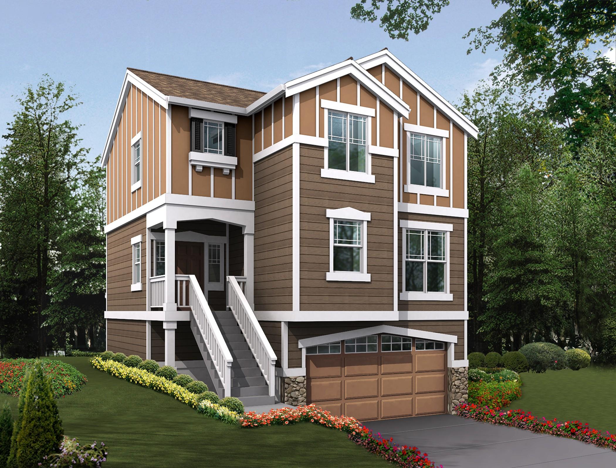 Modern Farmhouse house plan exterior, three stories, prominent gables, covered porch, and attached garage.