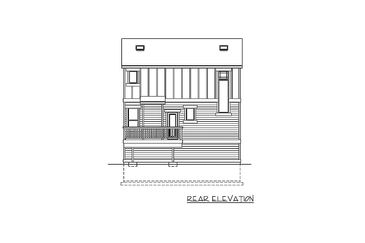 Rear elevation of a two-story house plan featuring a second-level balcony and varied siding.