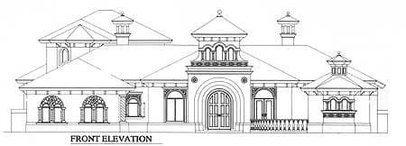 Front elevation drawing of a single-story house plan with a central arched entryway, decorative windows, and multiple gabled roof sections.