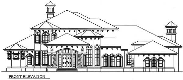 Front elevation drawing of a one-story house plan with a grand entrance, multiple gables, and arched windows.