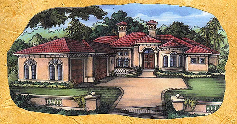 House plan exterior: Mediterranean style with red tile roof, arched windows, dual garages, and a central arched entryway.