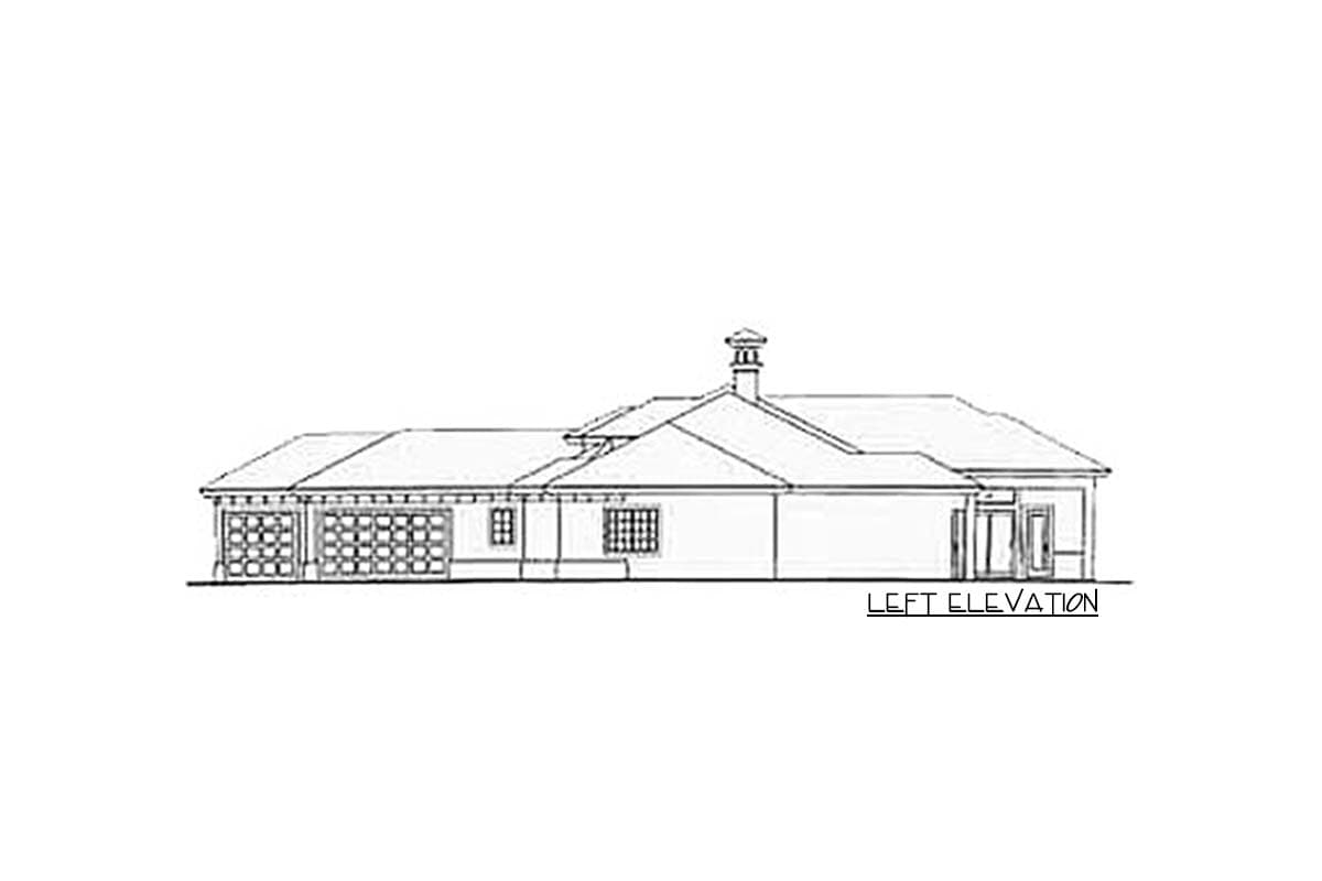 Left elevation house plan showing a one-story structure with a three-car garage, hip roof, and central chimney.