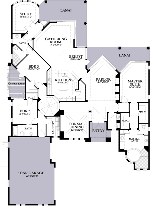 Plan 24021BG: Courtyards and Lanais - Floor Plan - Main Level - Florida-Style, Mediterranean