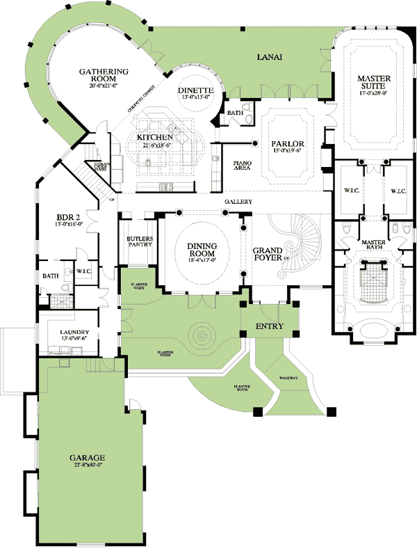 Plan 24037BG: European Retreat with Massive Gathering Room and Two Stairs - 6234 Sq Ft - Floor Plan - Main Level - European, French Country
