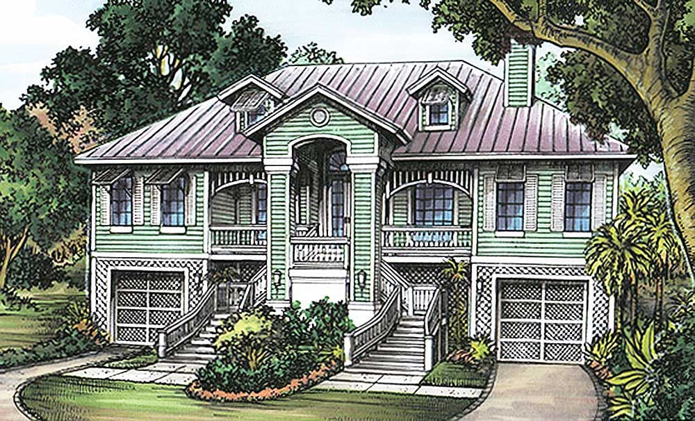 House plan exterior: Two-story coastal style with metal roof, dormers, covered porches, and dual garages.