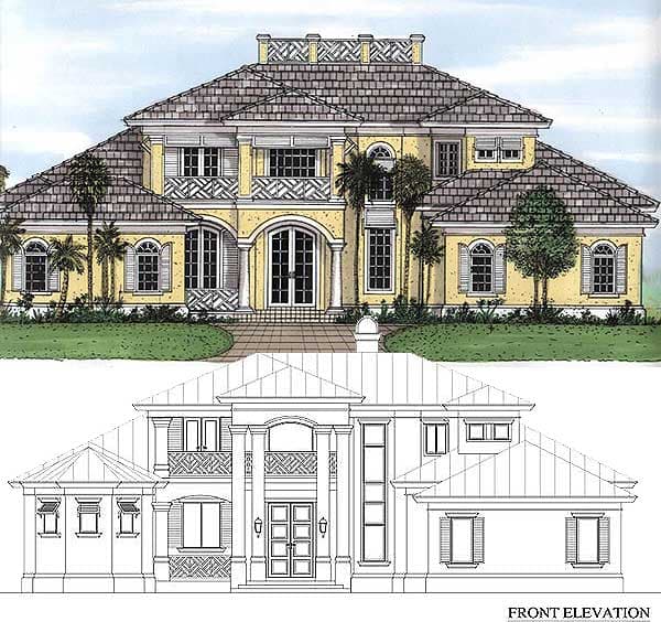 House plan front elevation with arched entryway, second-story balcony, and symmetrical window design.