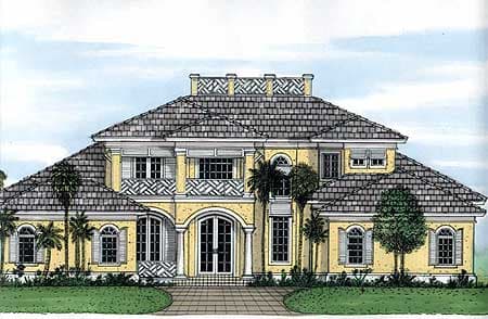 House plan exterior rendering of a two-story home with a symmetrical facade, arched entryway, balconies, and tile roof.