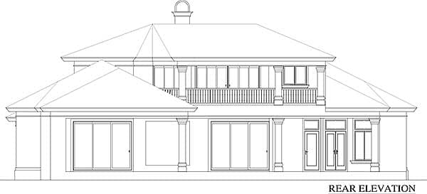 Rear elevation drawing of a two-story house with a covered porch, second-story balcony, and multiple glass doors.