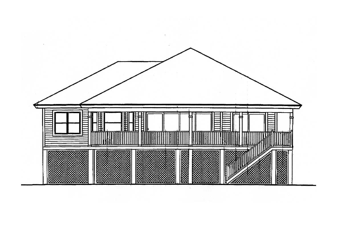 House plan exterior drawing of a two-story home with a wraparound porch, multiple windows, and raised foundation.