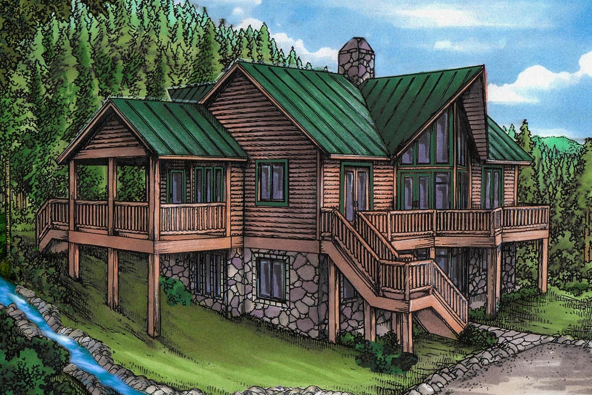 House plan exterior: Two-story log home with stone foundation, multiple decks, and a prominent gabled roof.