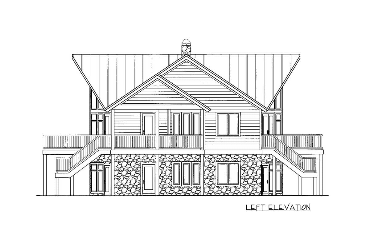 House plan left elevation drawing showing a two-story home with stone foundation, main floor deck with stairs, and gabled roof.