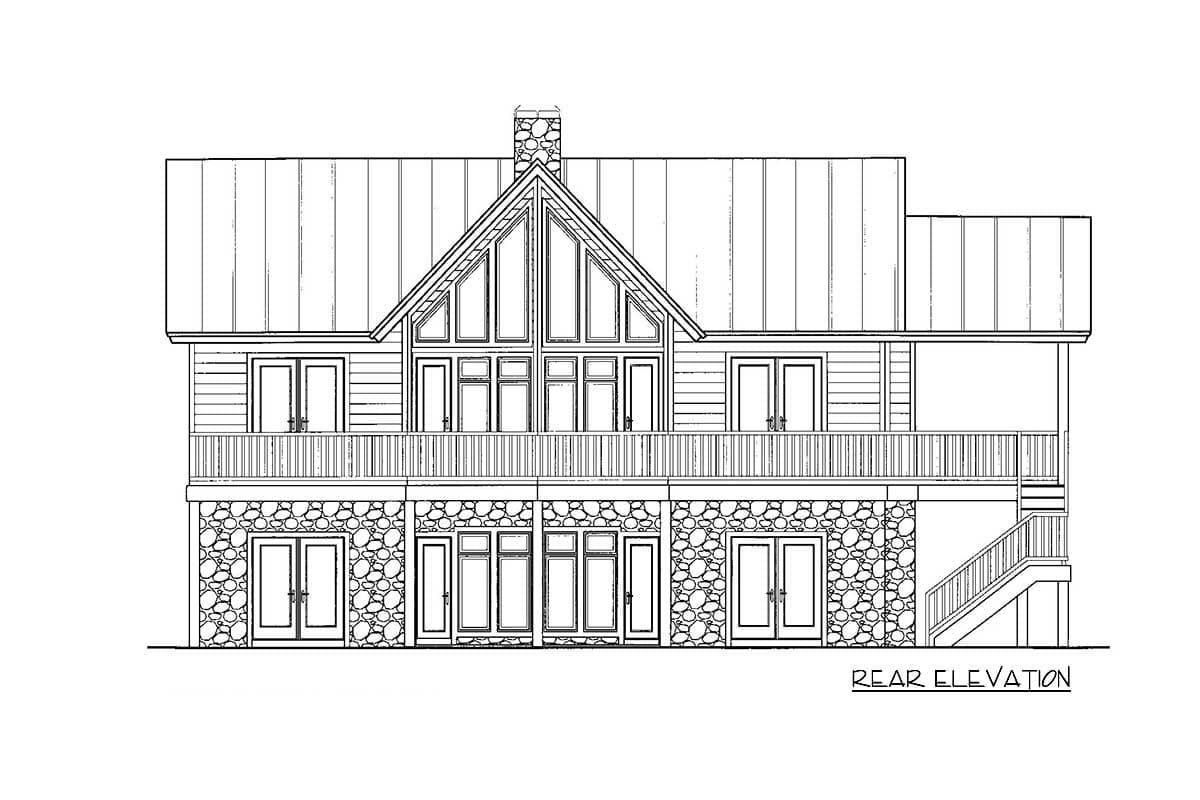 Rear elevation of a two-story house plan with stone base, wraparound deck, and prominent gable window.