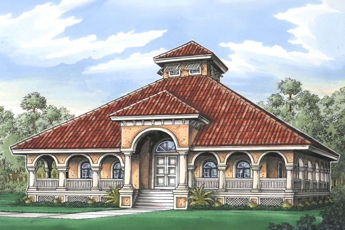 House plan exterior featuring a hip roof with cupola, arched loggia, and stucco walls.