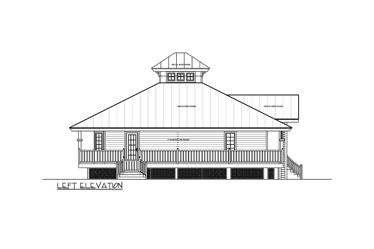Left elevation house plan with metal roof, porch, and double-hung windows.