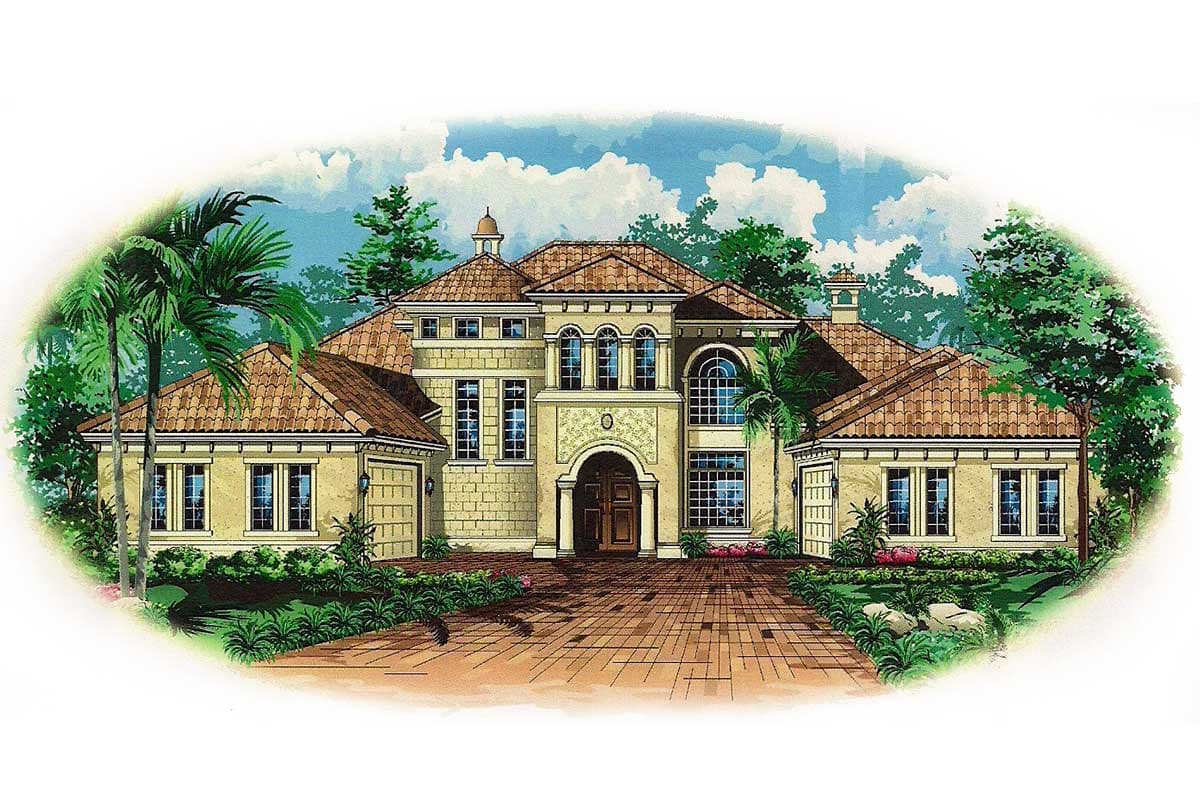 House plan exterior: Two-story Mediterranean style with arched entry, tiled roof, multiple gables, and side-entry garages.