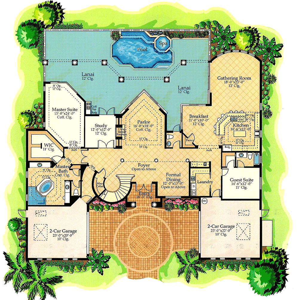 Plan 24103BG: Luxury in Symmetry - Floor Plan - Main Level - European, Florida-Style, Mediterranean
