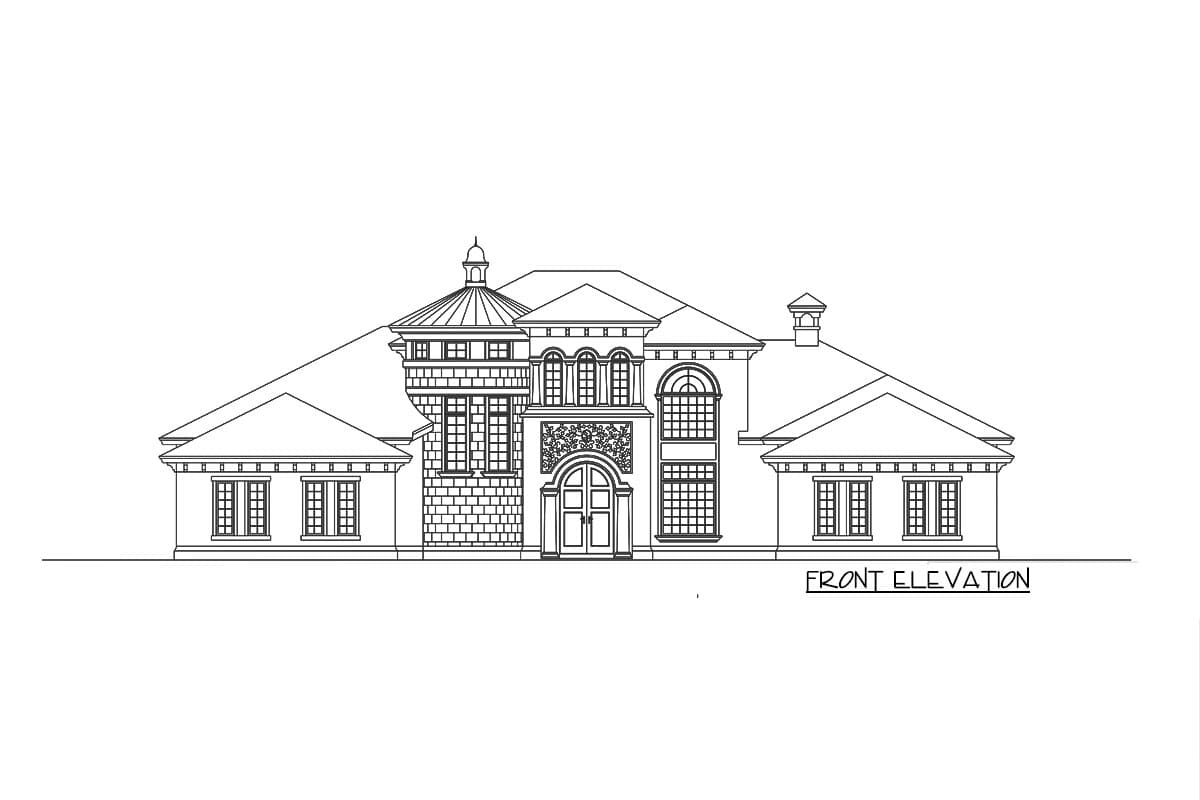 Front elevation drawing of a multi-story house with a central entrance, arched windows, and a decorative turret.