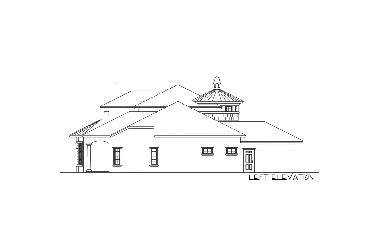 Left elevation drawing of a house plan with a domed cupola and hip rooflines.