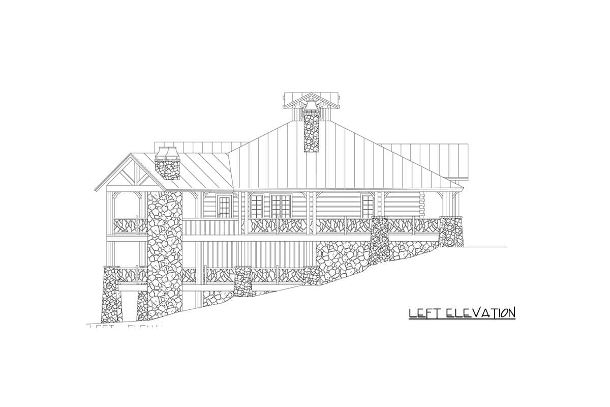 Left elevation drawing of a multi-story house with stone foundation, covered porches, gables, and stone chimney.