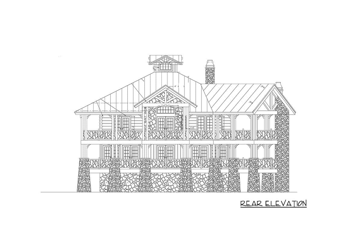 Rear elevation house plan with stone foundation, multiple balconies, and gabled roof.