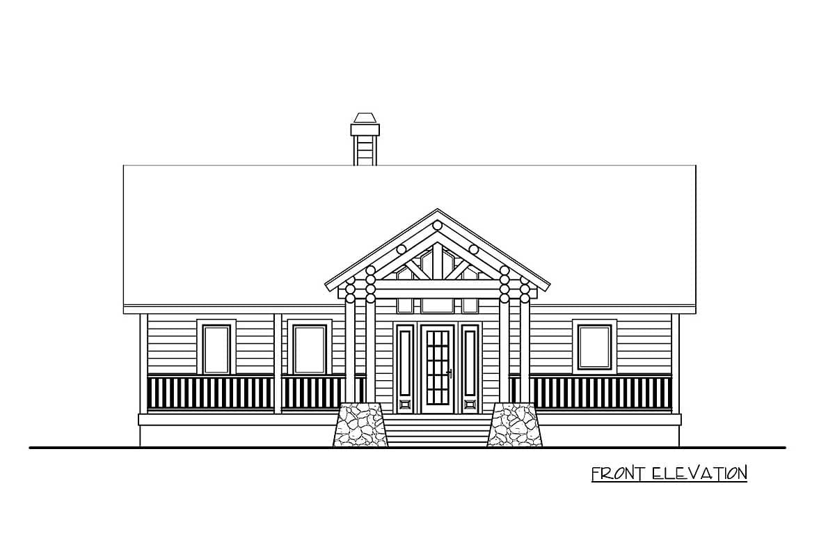 Front elevation house plan for a one-story log home with a covered porch, gabled entrance, and stone foundations.