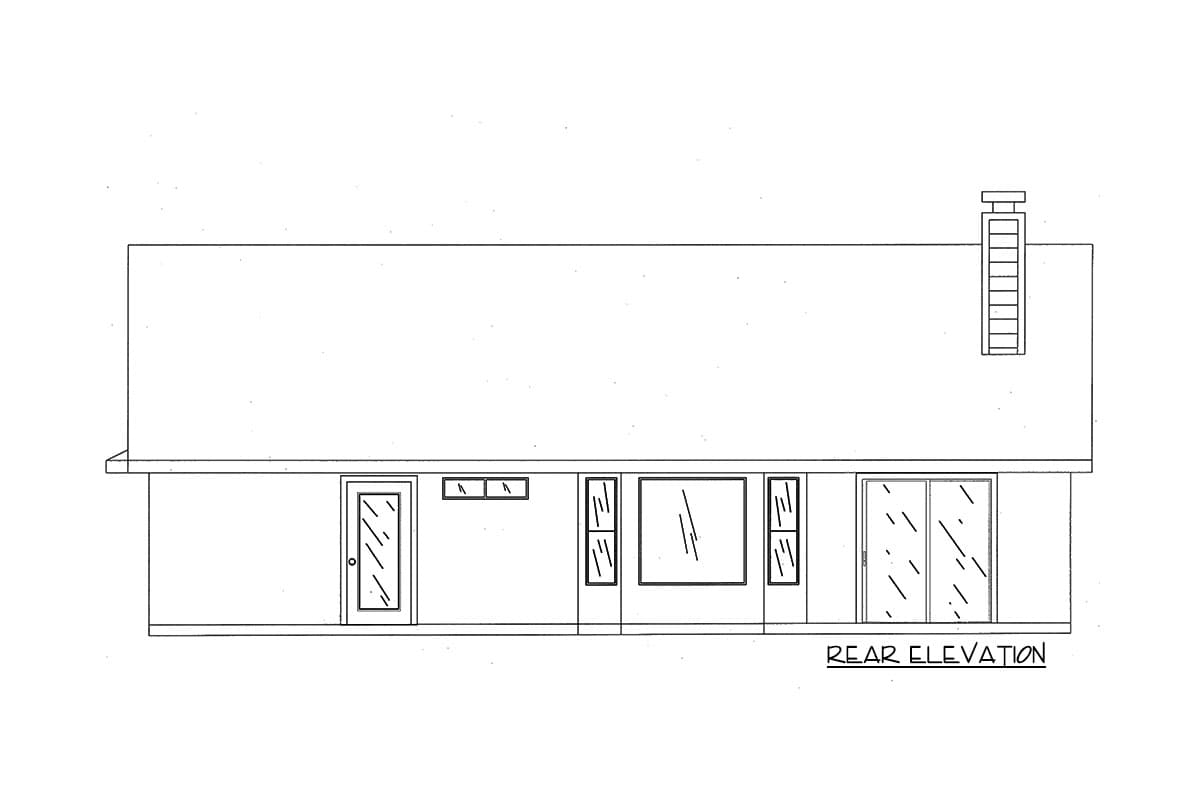 Rear elevation of a house plan showing a central large window, side door, and sliding glass doors with a chimney.