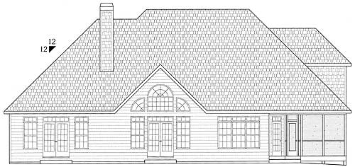 House plan rear elevation showing a gabled roof, central arched window section, multiple doors, and a screened porch.