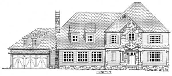 Front view of a two-story house plan with a prominent stone chimney, dormer windows, and a three-car garage.