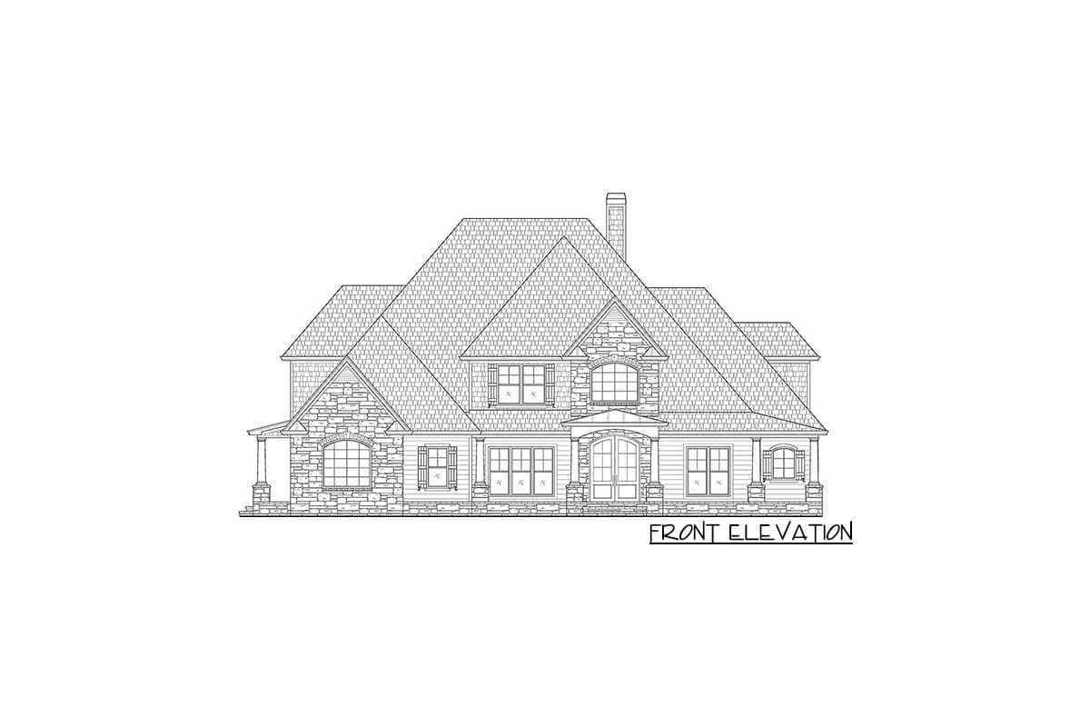 Front elevation drawing of a multi-story house with stone accents, multiple gables, and arched entry.
