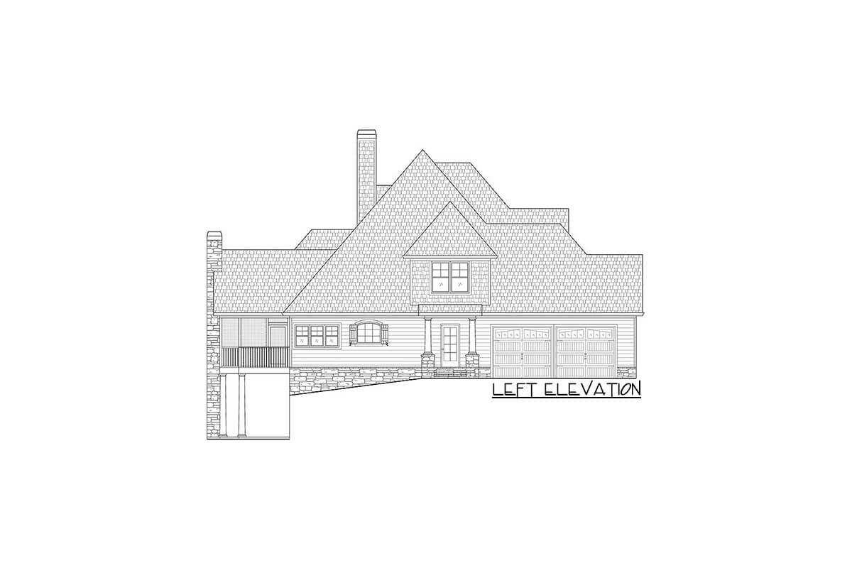 Left elevation drawing of a house plan with multiple gables, chimney, covered porch, and a three-car garage.