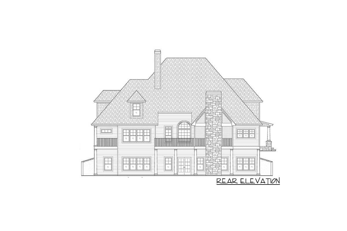 Rear elevation drawing of a house plan featuring multiple gables, a prominent stone chimney, and a central double door entrance.