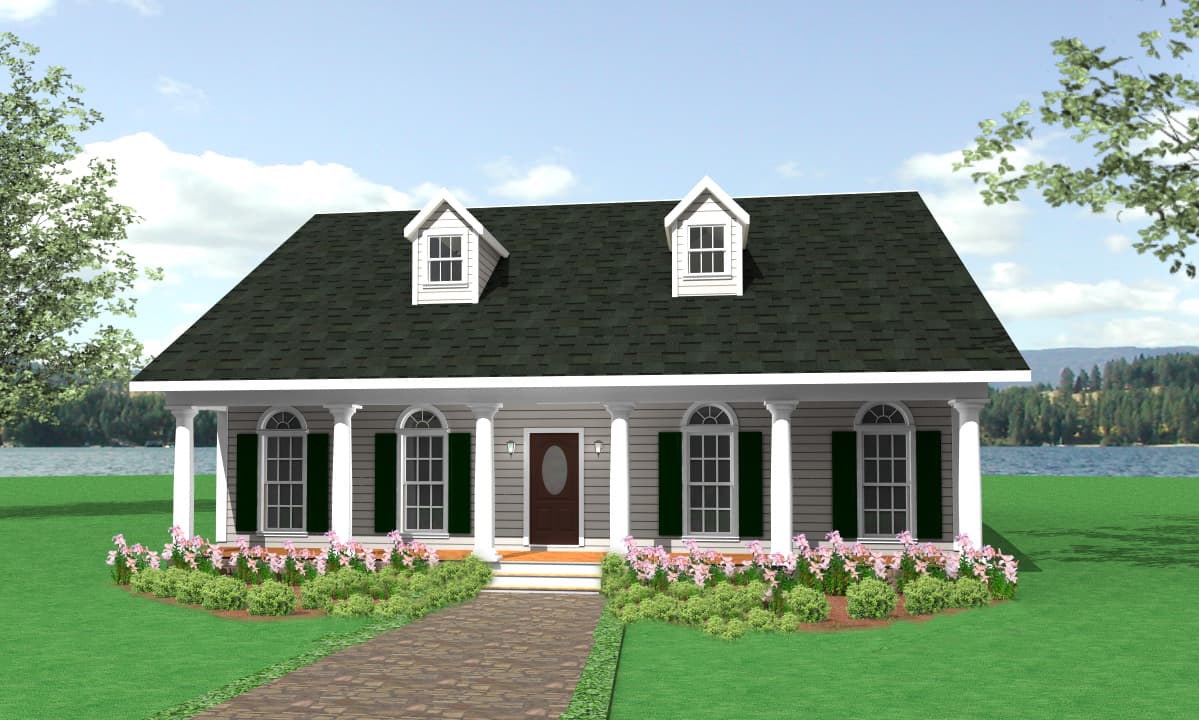 House plan exterior: One-story house with a covered porch supported by columns, two dormer windows, and arched windows with shutters.