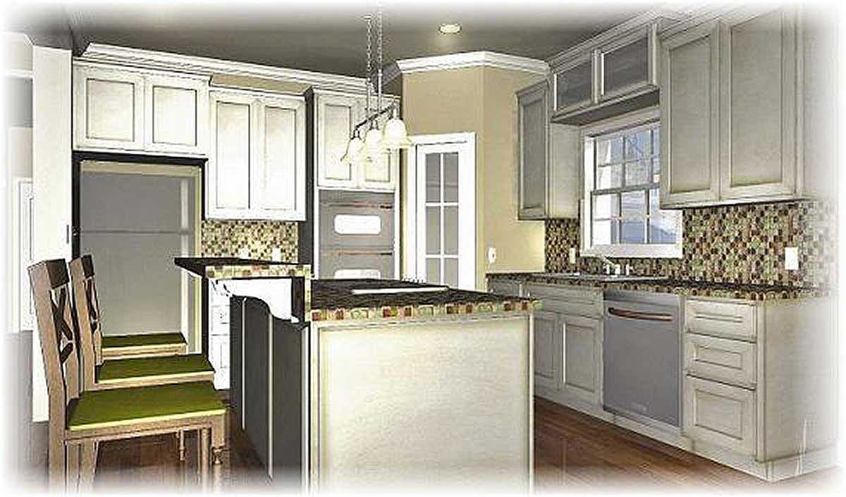 Kitchen rendering with white cabinets, island with seating, mosaic tile backsplash, double oven, and stainless steel dishwasher.